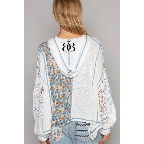 POL Ivory & Blue Floral Panel Lace Detail Half Button Hoodie Oversized - Picture 6 of 9